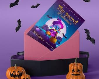 Könnte beinhalten: Eine Halloween-Einladungskarte mit dem Text "The Secret of Halloween" in einem rosa Umschlag, platziert in einer schwarzen Sarg-förmigen Box. Orangefarbene Kürbisse und schwarze Fledermausdekorationen umgeben die Szene.