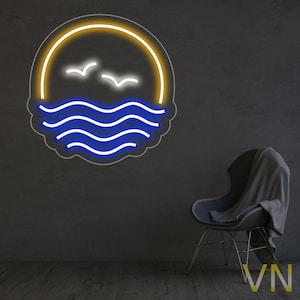 Sunset Over the Sea Neon Sign,Sunrise Neon Light,Wall Sign Art for Living Room,Sunset Neon Decor,Modern Wall Decor,Seagulls Neon Wall Decor