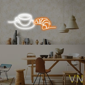 Croissant Coffee Neon Sign, Cafe Croissant Neon Light, Tea Cup Croissant LED Light, Food Drink Shop Led Sign, Bakery Wall Art Room Decor