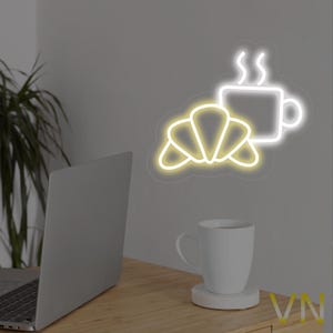 Croissant and coffee neon sign, croissant led neon sign, bakery neon lights, croissant dough neon sign, breakfast neon sign
