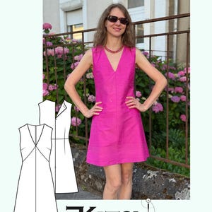 May include: A sleeveless, fuchsia-colored dress with a V-neck. The dress is worn by a person wearing sunglasses and a red necklace. The image also includes a line drawing of the dress and the text "Ekatoli117" and "EKATOL".