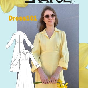 Op de afbeelding: Een gele jurk met een kraag en lange mouwen. De jurk heeft een getailleerd bovenstuk en een zwierige rok. De jurk wordt getoond op een model met een bloemige achtergrond. De tekst "Dress 101" is zichtbaar in de afbeelding.