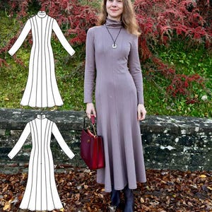 Puede incluir: Una mujer con un vestido color taupe de manga larga, cuello alto y costuras verticales, sosteniendo un bolso burdeos. La imagen también muestra un patrón de vestido y el texto "KATOL" en la esquina superior izquierda.