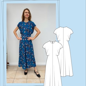 Puede incluir: Una mujer con un vestido midi azul con estampado floral y mangas cortas. El vestido tiene cintura entallada y falda acampanada. La imagen también incluye un dibujo lineal del vestido y el texto "KATOL".