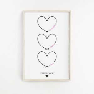 Personalized family poster with first names, hearts, word searches, crosswords, scrabble. Personalized souvenir gift.