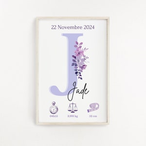 Cartaz de nascimento personalizado - Nome inicial/data/peso/hora - Lembrança de bebê - Decoração de quarto de recém-nascido - Presente de batismo
