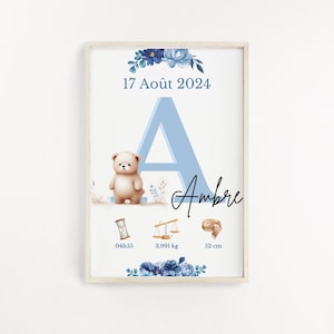 Cartaz de nascimento azul personalizado - Nome inicial/Data/Peso/Hora - Lembrança de bebê - Decoração de quarto de recém-nascido - Presente de batismo