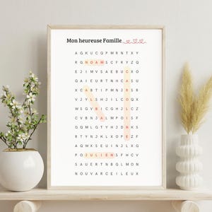 Personalized family poster with first names, word searches, crosswords, scrabble. Personalized souvenir gift to offer to decorate the house.
