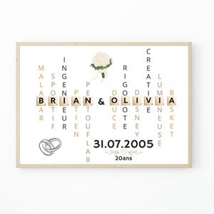 Póster de pareja personalizado con nombres de scrabble, regalo de aniversario de boda, recuerdo original y único.