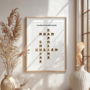 Personalized family poster with first names, crosswords, word searches, scrabble. Personalized souvenir gift to offer to decorate the house.
