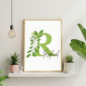 Cartel de nacimiento verde personalizado - Nombre inicial/letra - Recuerdo del bebé - Decoración de la habitación del recién nacido - Regalo de bautismo