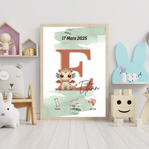 Póster de nacimiento de dragón personalizado - Nombre inicial/letra - Recuerdo de bebé niño - Decoración de habitación de recién nacido - Regalo de bautismo