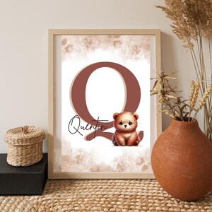 Póster de nacimiento marrón personalizado - Nombre inicial/letra - Recuerdo de bebé niño - Decoración de habitación de recién nacido - Regalo de bautismo