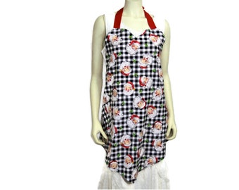 Women's Lined Santa Claus Buffalo Plaid Christmas Apron, FREE SHIPPING, 40s, Retro, Black White Gingham , Cotton