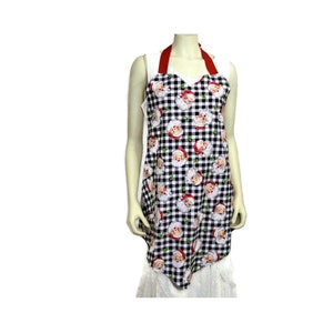 Women&#39;s Lined Santa Claus Buffalo Plaid Christmas Apron, FREE SHIPPING, 40s, Retro, Black White Gingham , Cotton