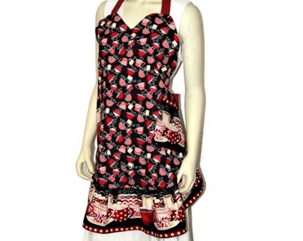 Women's Apron, FREE SHIPPING, Lined, Ruffled, Coffee Print, Pretty Cute, Retro, Red, Black, Sweetheart Neckline, Cotton