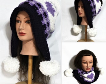 Convertible Purple Lavender Buffalo Plaid Heart Pompom Hat, Messy Bun, Cowl Scarf.  Handmade, crocheted, womens, Ready to Ship,Free Shipping