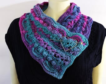 Cowl Neck Warmer, Wool and Bamboo Scarf, Purple,Lavender, Mint Green, Textured, Crocheted, not knitted, Infinity Scarf with heart shawl pin