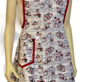 Women's Christmas Winter Apron, FREE SHIPPING, Penguins and Snowmen Sledding, Skating, Pretty Cute, 40s, Retro, Red, Gray, Cotton