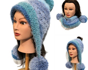 Convertible Blue Green Aqua Snow Pompom Hat, Free Shipping, Messy Bun, Cowl Scarf.  Handmade, crocheted, Ready to Ship, Soft
