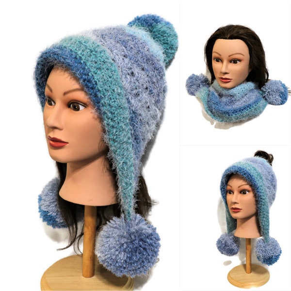 Convertible Blue Green Aqua Snow Pompom Hat, Free Shipping, Messy Bun, Cowl Scarf.  Handmade, crocheted, Ready to Ship, Soft