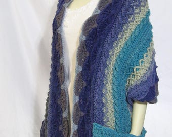 Warm Hugs Pocket Shawl Crocheted, Prayer Shawl, Comfort Shawl, BOHO Shawl, Wrap, Blue, Gray, Green