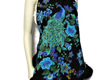 Women's Lined Ruffled Apron, FREE SHIPPING, Peacock, Pretty, Floral, Cute, Retro, Blue, Teal, Black, Sweetheart Neckline, Neck Relief Option