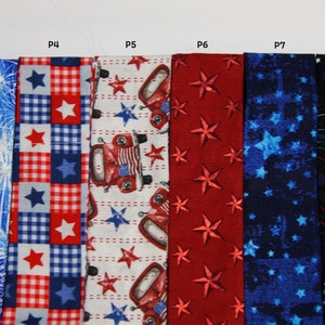 Puede incluir: Seis tiras de tela con diferentes patrones patri&oacute;ticos, incluyendo estrellas rojas, blancas y azules, vichy, fuegos artificiales y un cami&oacute;n rojo con una bandera estadounidense. Las tiras est&aacute;n etiquetadas de P3 a P8.