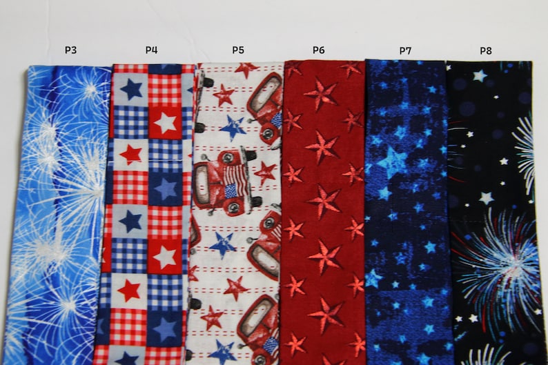 Puede incluir: Seis tiras de tela con diferentes patrones patri&oacute;ticos, incluyendo estrellas rojas, blancas y azules, vichy, fuegos artificiales y un cami&oacute;n rojo con una bandera estadounidense. Las tiras est&aacute;n etiquetadas de P3 a P8.