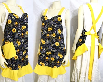 Women's Apron, FREE SHIPPING, Lined, Flounce, Sunflowers, Bees, Honey, Pretty, Cute, Retro, Yellow, Black, Sweetheart Neckline, Neck Relief