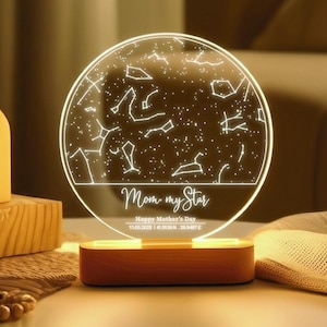 Luz nocturna con mapa estelar personalizado - Regalo para el Día de la Madre - Regalo de cumpleaños para mamá - Regalo personalizado para mamá - Constelación estelar grabada - Mapa estelar de regalo