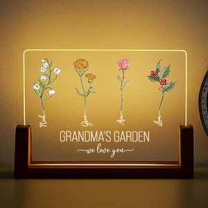 Aangepaste oma's tuin acryl nachtlampje, bloemen led-cadeau met bloemen geboortemaand, kleinkind cadeau voor oma, custom print kerstcadeau