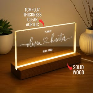 a light up acrylic sign on a wooden table