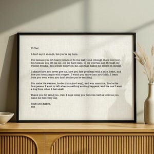 Impresión de carta personalizada para papá enmarcada en tela: un regalo emotivo para tu hija o hijo. Mensaje personalizado para el Día del Padre enmarcado: "Gracias, papá".