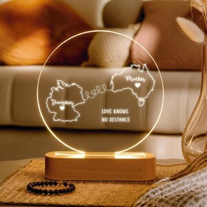 Luz de noche personalizada con dos mapas: regalo de hija para mamá, regalo único para el Día de la Madre, regalo para el Día de la Madre a larga distancia, regalo de cumpleaños para mamá