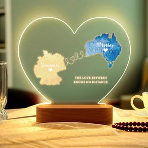 Luz de noche personalizada con dos mapas: regalo de hija para mamá, regalo único para el Día de la Madre, regalo para el Día de la Madre a larga distancia, regalo de cumpleaños para mamá