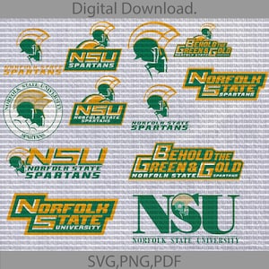 Op de afbeelding: Een verzameling groene en gouden logo's voor Norfolk State University, met het schoolmascotte, de Spartan, en de tekst "NSU", "Norfolk State Spartans", "Norfolk State University" en "Behold the Green & Gold".
