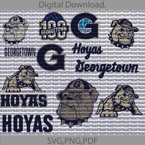 Puede incluir: Una descarga digital de un conjunto de 10 archivos SVG, PNG y PDF con logotipos de Georgetown Hoyas, incluyendo una mascota bulldog, la palabra "Hoyas" y el texto "Georgetown".