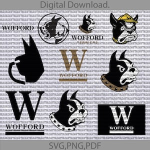 May include: A set of black and white digital downloads featuring a Wofford Terrier mascot. The mascot is a bulldog with a collar and a hat. The downloads include a logo with the text "Wofford Terriers", a logo with the text "Wofford", and a letter W with the text "Wofford" below it.