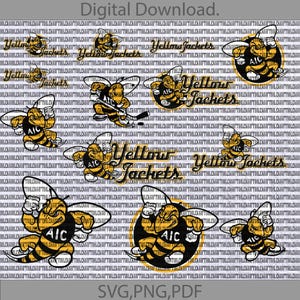 May include: A digital download of a set of yellow and black bee mascot illustrations. The mascot is wearing a jersey with the letters "AIC" and the text "Yellow Jackets".
