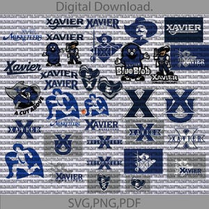 Puede incluir: Una descarga digital de varios logotipos y gráficos de la Universidad Xavier en azul y blanco, incluyendo la mascota de la escuela, una mancha azul y las palabras "Xavier" y "Musketeers".