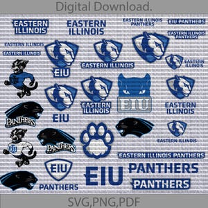 May include: A collection of digital downloads featuring various logos for Eastern Illinois University, including the school's mascot, the Panther. The logos are in blue, black, and white, and feature the school's name and mascot.
