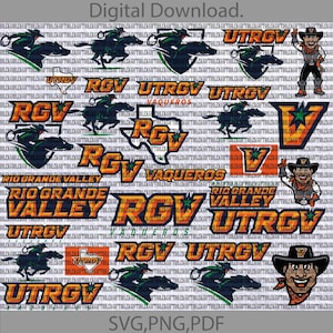 May include: Digital download featuring multiple logos and graphics for Rio Grande Valley Vaqueros. Includes text "UTRGV", "RGV", and "Rio Grande Valley" in orange and green. Also includes images of a horse and rider.