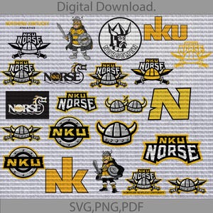 Puede incluir: Una descarga digital de 18 logotipos diferentes con el texto "NKU Norse" en varios estilos y colores. Los logotipos incluyen un casco vikingo, un dragón y una letra "N".