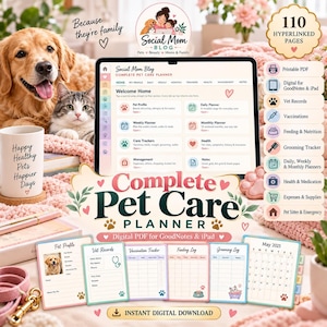 Pode incluir: Um planejador digital de cuidados para animais de estimação exibido em uma tela de tablet, com seções para perfis, planejadores diários e semanais, rastreadores de saúde e gestão. Inclui páginas PDF imprimíveis para registros veterinários e vacinas.