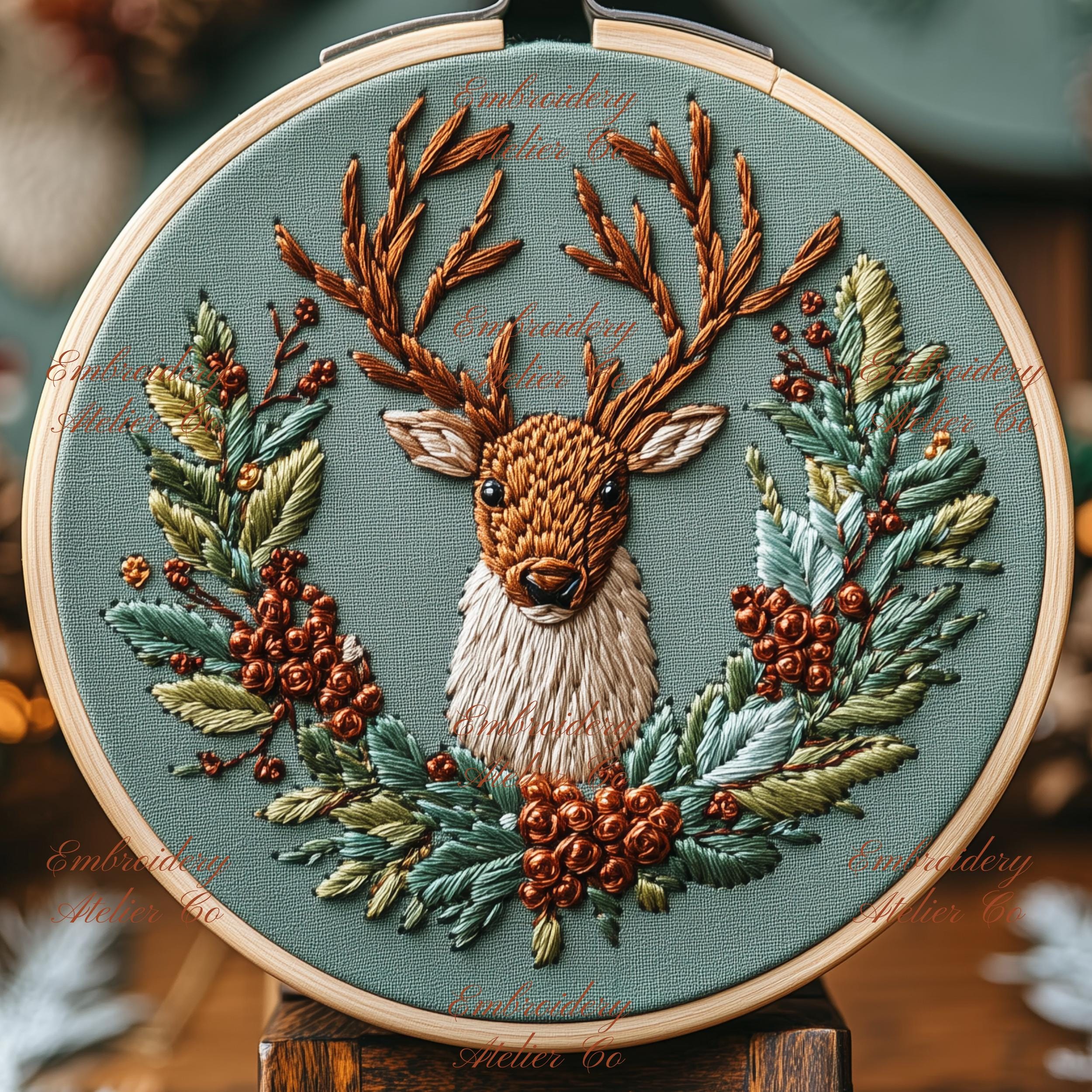 クリスマスリース☆トナカイ トナカイの刺繍PDFパターン、クリスマスリースの手刺繍デザイン