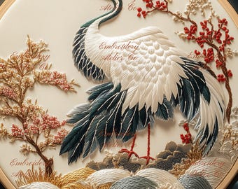 タンチョウの刺繍図案、日本の鶴の刺繍デザイン、動物の手刺繍枠アート