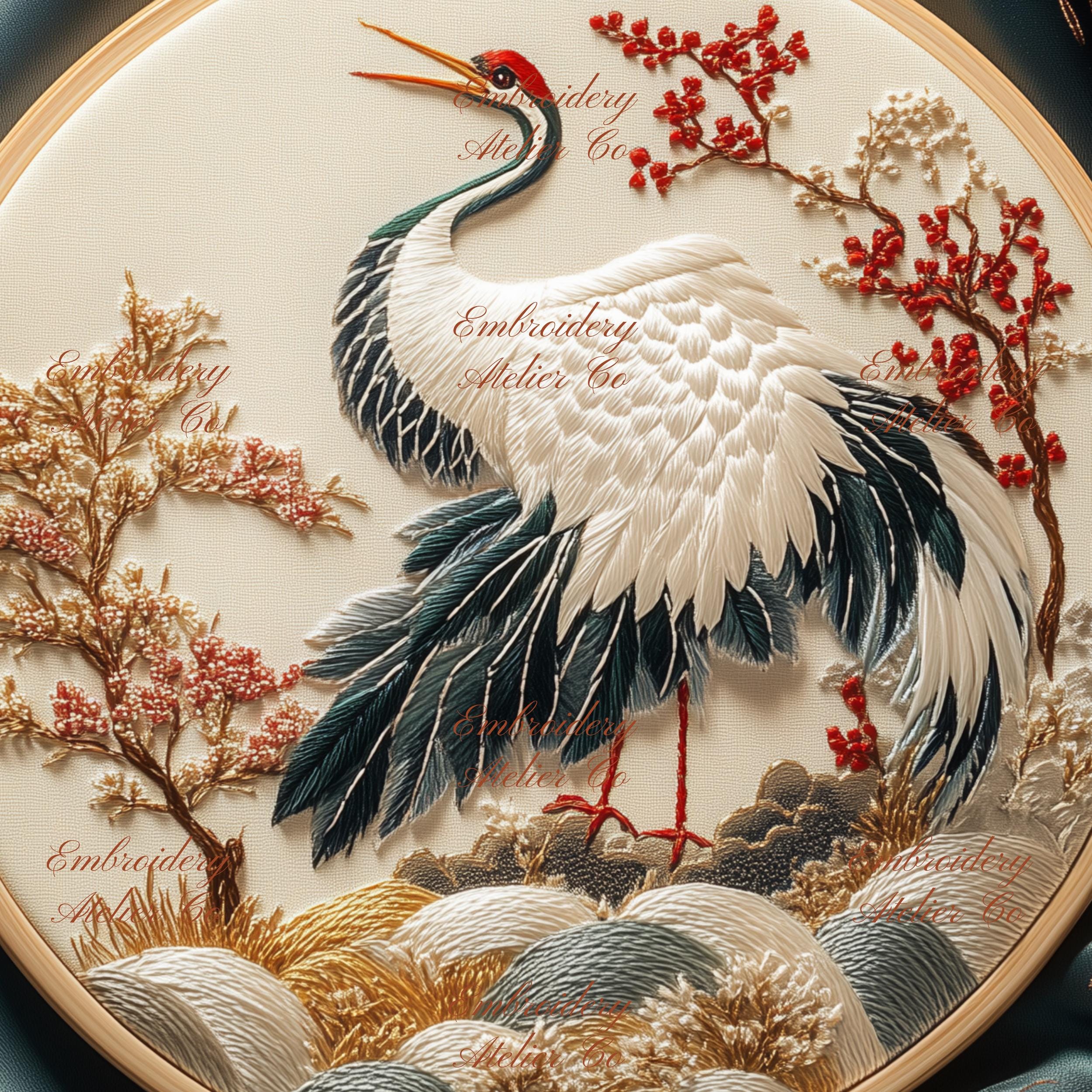 タンチョウの刺繍図案、日本の鶴の刺繍デザイン、動物の手刺繍枠アート