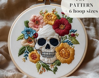 Floral Skull Hand Embroidery Pattern, Halloween Embroidery Design, DIY Embroidery PDF Template, Halloween Craft Pattern, Digital Download