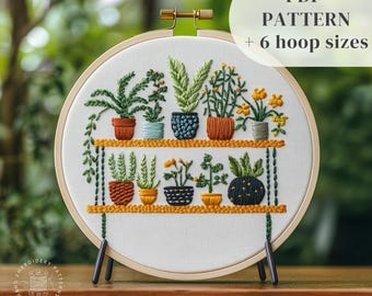 Diseño de bordado de plantas de interior en maceta, patrón de bordado a mano de estantes para plantas, plantilla de bordado botánico a mano, patrón de manualidades para amantes de las plantas.